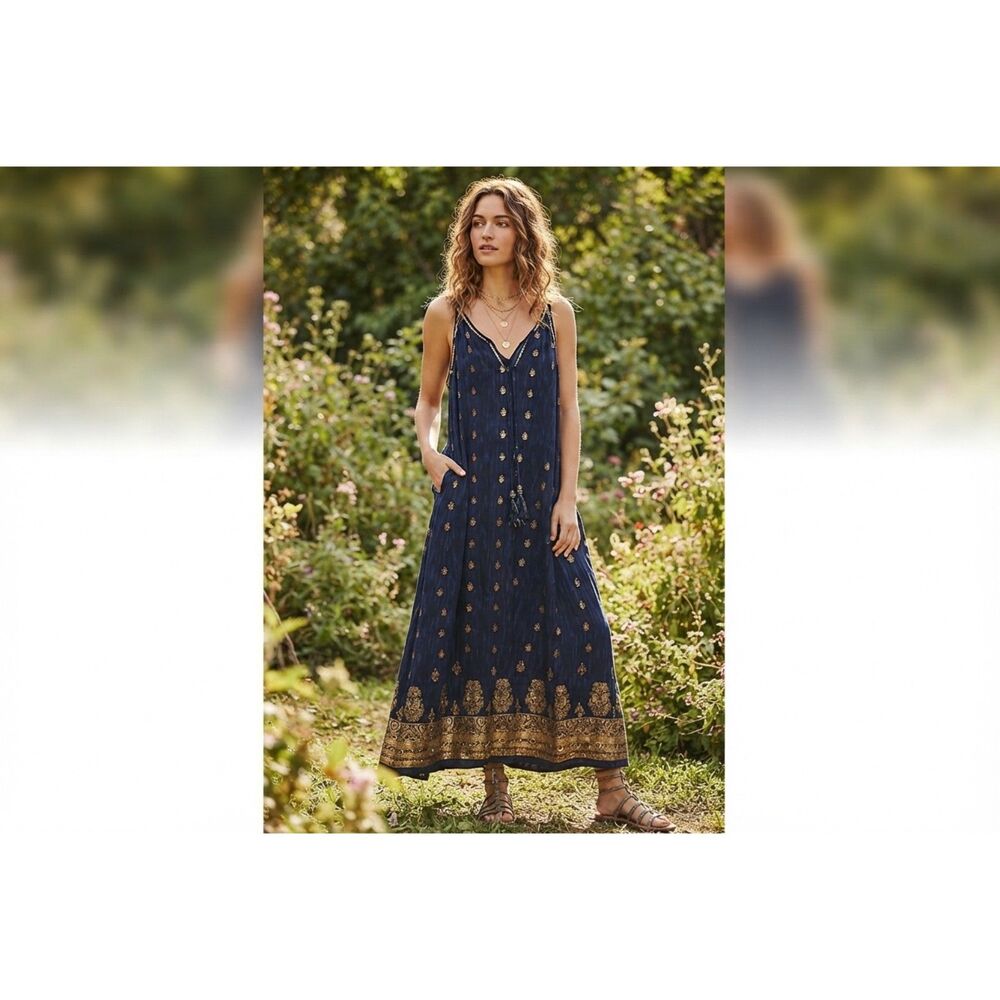 Ruby Yaya bohemian-style maxi dress navy blue gold fits like medium